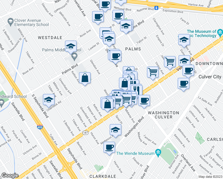 map of restaurants, bars, coffee shops, grocery stores, and more near 3670 Glendon Avenue in Los Angeles