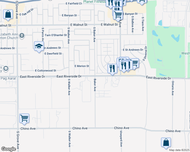 map of restaurants, bars, coffee shops, grocery stores, and more near 4902 South Baker Avenue in Ontario