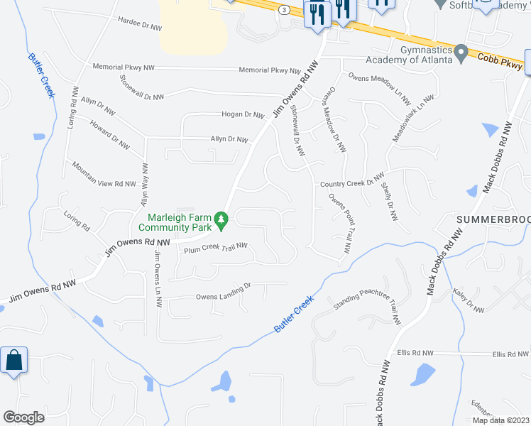 map of restaurants, bars, coffee shops, grocery stores, and more near 2622 Marleigh Farm Road Northwest in Kennesaw