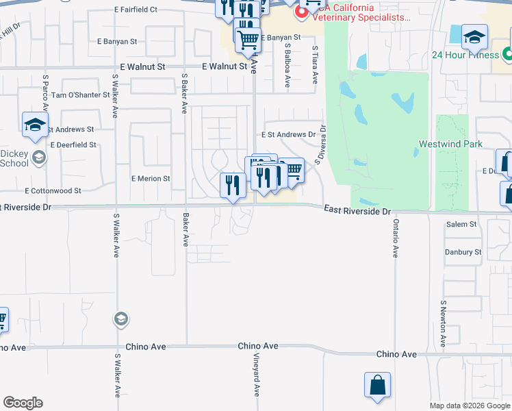 map of restaurants, bars, coffee shops, grocery stores, and more near East Riverside Drive & Vineyard Avenue in Ontario