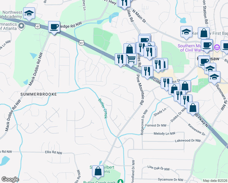 map of restaurants, bars, coffee shops, grocery stores, and more near 2810 Pine Valley Way Northwest in Kennesaw