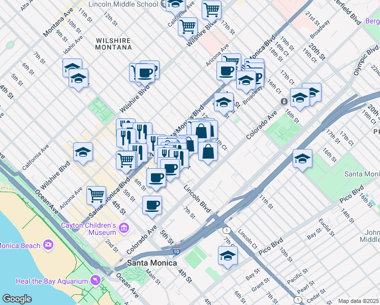 map of restaurants, bars, coffee shops, grocery stores, and more near 1445 10th Street in Santa Monica