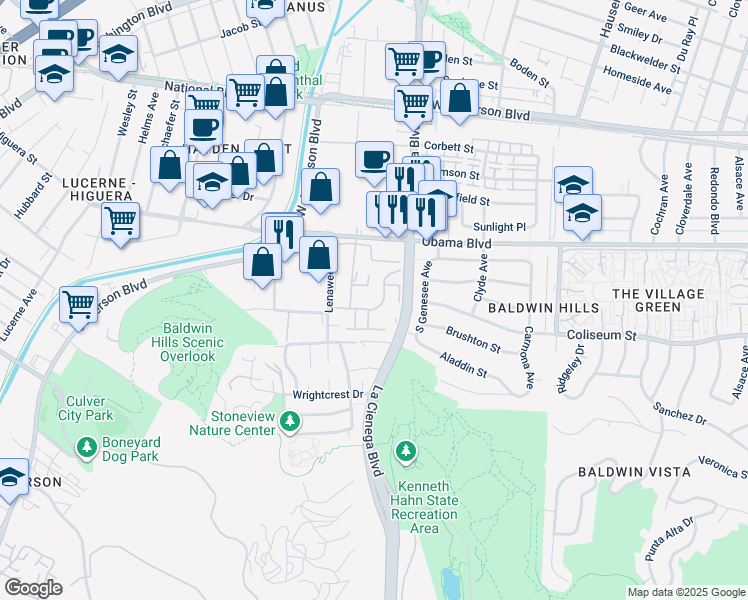 map of restaurants, bars, coffee shops, grocery stores, and more near 5845 Bowcroft Street in Los Angeles