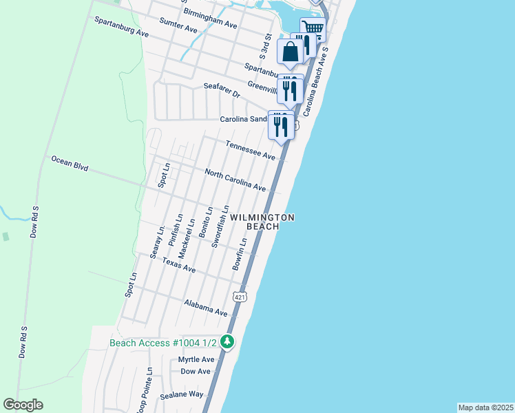 map of restaurants, bars, coffee shops, grocery stores, and more near 1313 Bowfin Lane in Carolina Beach
