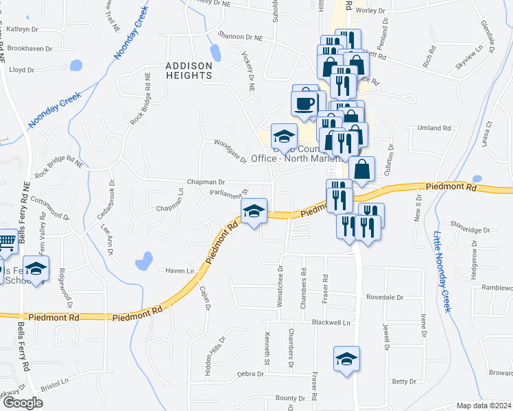 map of restaurants, bars, coffee shops, grocery stores, and more near 2827 Seagrave Way in Marietta