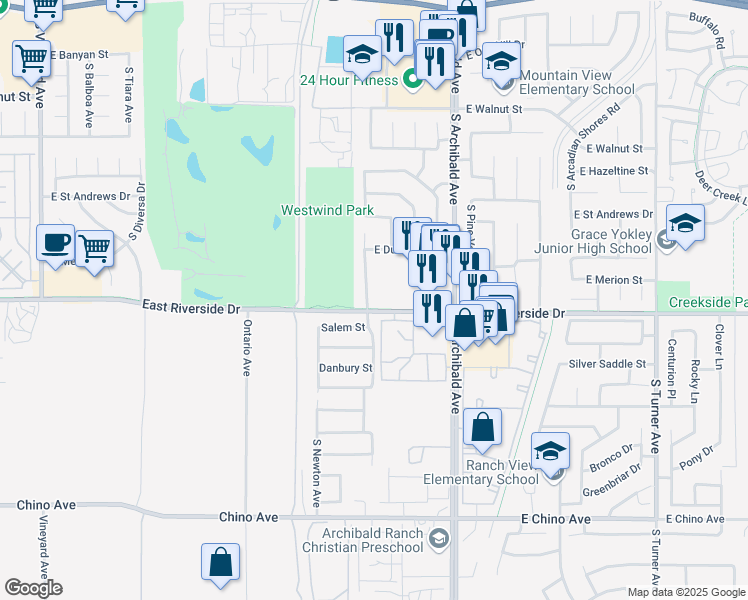 map of restaurants, bars, coffee shops, grocery stores, and more near 2953 South Colonial Avenue in Ontario