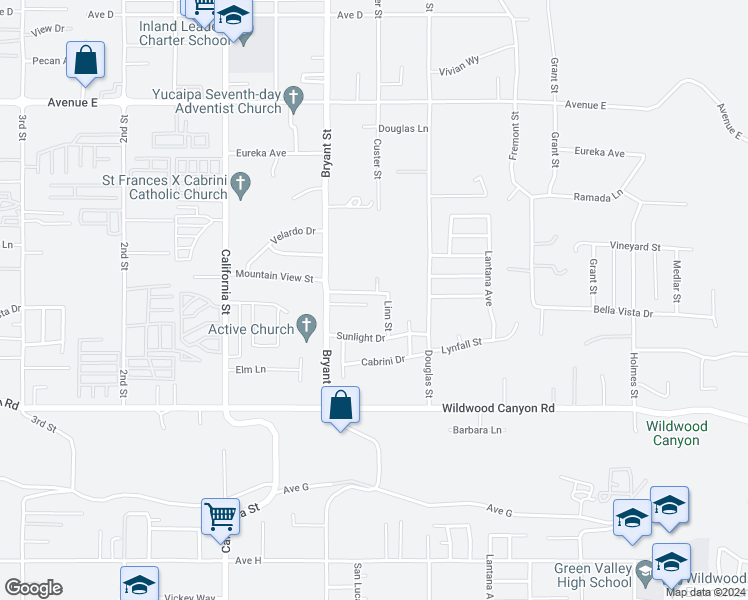 map of restaurants, bars, coffee shops, grocery stores, and more near 35389 Mountain View Street in Yucaipa