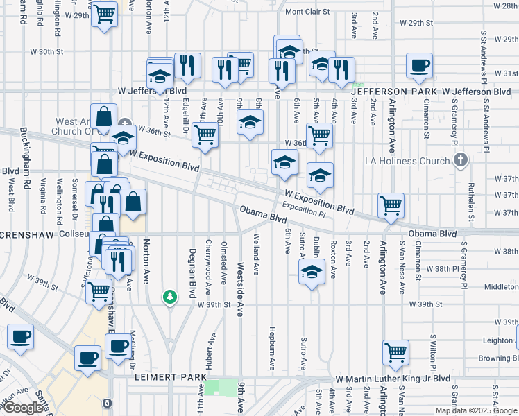 map of restaurants, bars, coffee shops, grocery stores, and more near 2725 Obama Boulevard in Los Angeles