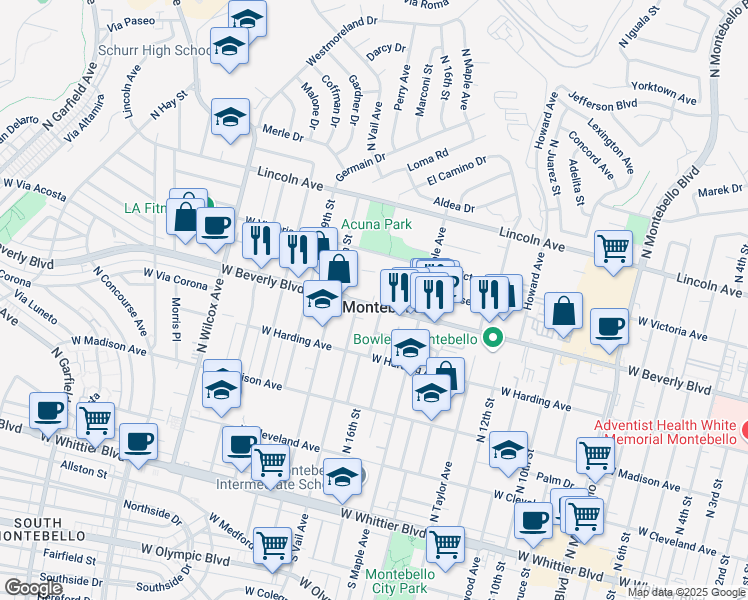 map of restaurants, bars, coffee shops, grocery stores, and more near Elaine Kirchner Lane in Montebello
