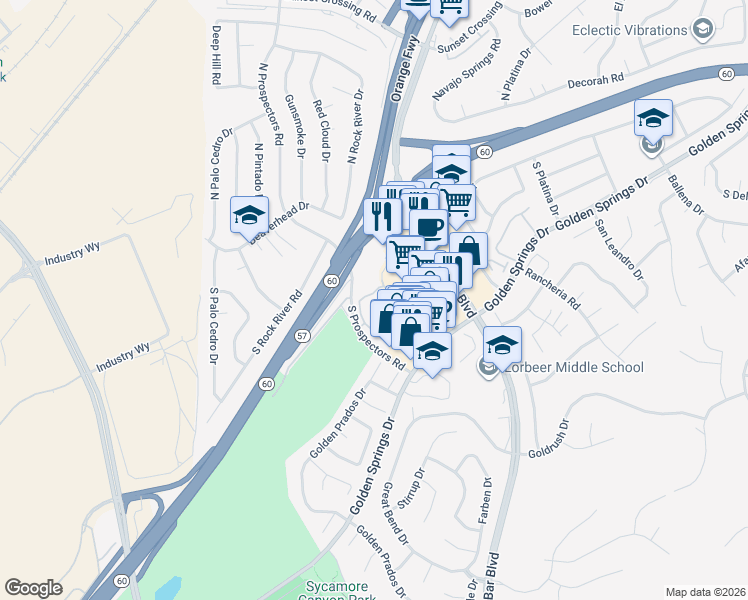 map of restaurants, bars, coffee shops, grocery stores, and more near 374 South Prospectors Road in Diamond Bar