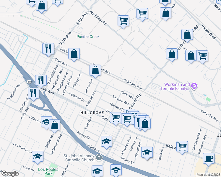 map of restaurants, bars, coffee shops, grocery stores, and more near 15018 Clark Avenue in Hacienda Heights