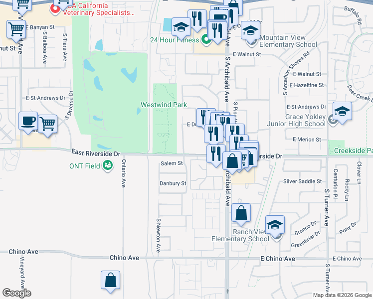 map of restaurants, bars, coffee shops, grocery stores, and more near 2953 South Colonial Avenue in Ontario