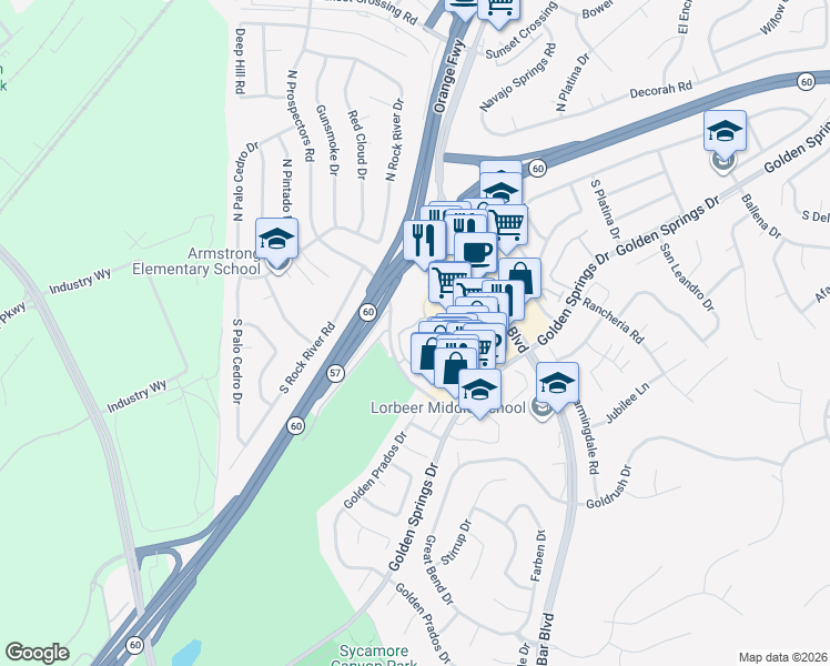 map of restaurants, bars, coffee shops, grocery stores, and more near 374 South Prospectors Road in Diamond Bar