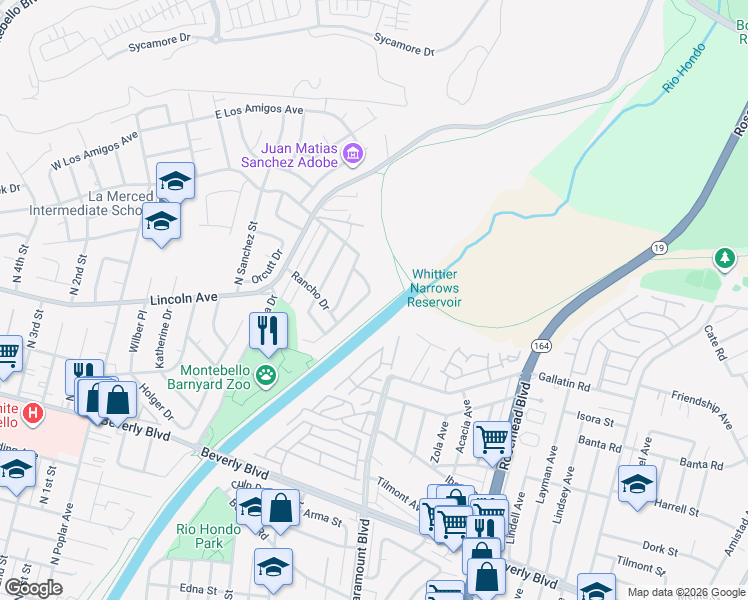 map of restaurants, bars, coffee shops, grocery stores, and more near 801 Rio Del Sol Avenue in Montebello