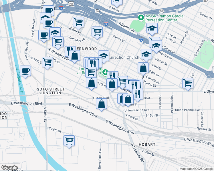 map of restaurants, bars, coffee shops, grocery stores, and more near 1401-1415 South Grande Vista Avenue in Los Angeles