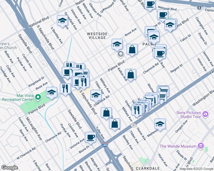 map of restaurants, bars, coffee shops, grocery stores, and more near 3548 Military Avenue in Los Angeles