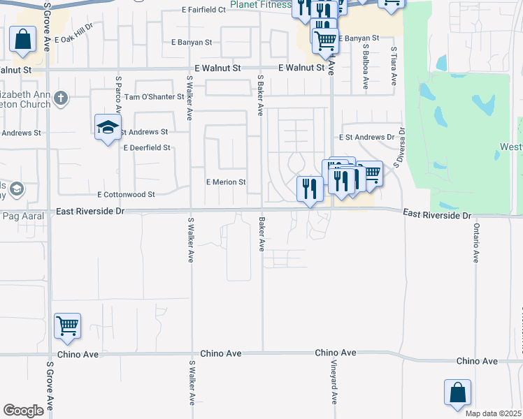 map of restaurants, bars, coffee shops, grocery stores, and more near 1855 East Riverside Drive in Ontario