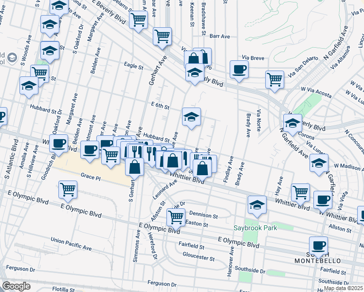map of restaurants, bars, coffee shops, grocery stores, and more near 5911 East Hubbard Street in East Los Angeles