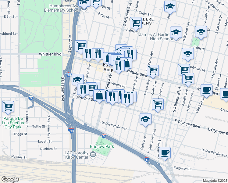map of restaurants, bars, coffee shops, grocery stores, and more near 1025 South Kern Avenue in East Los Angeles