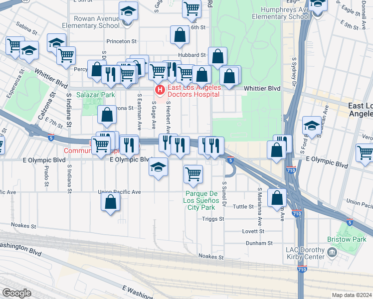 map of restaurants, bars, coffee shops, grocery stores, and more near 1138 South Record Avenue in Los Angeles