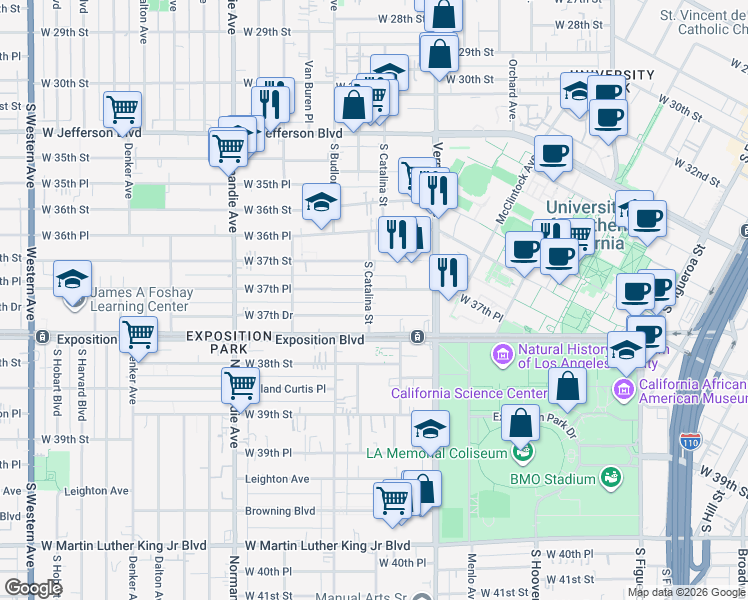 map of restaurants, bars, coffee shops, grocery stores, and more near 1205 West 37th Place in Los Angeles