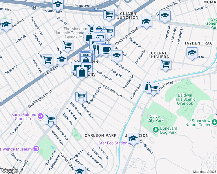 map of restaurants, bars, coffee shops, grocery stores, and more near 4112 Duquesne Avenue in Culver City