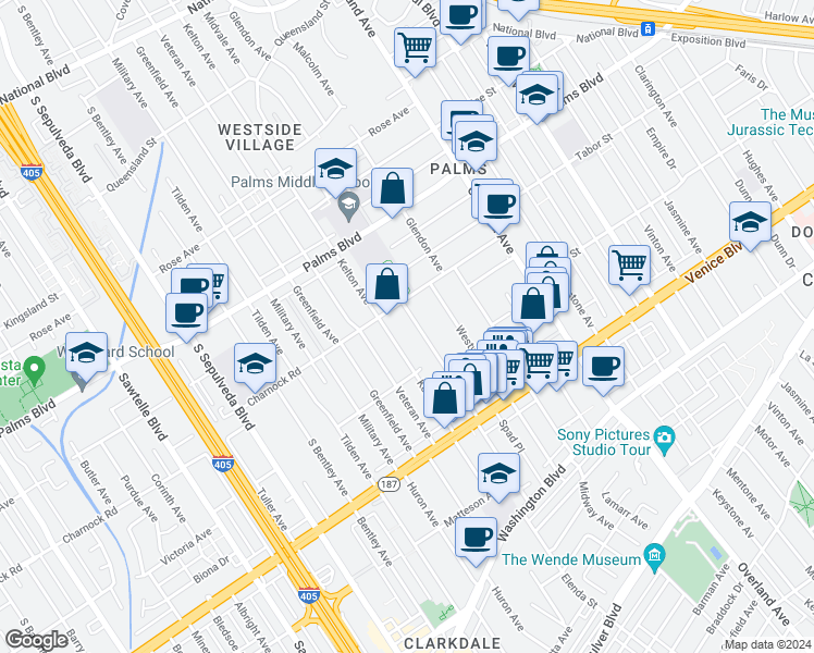 map of restaurants, bars, coffee shops, grocery stores, and more near 3624 Midvale Avenue in Los Angeles