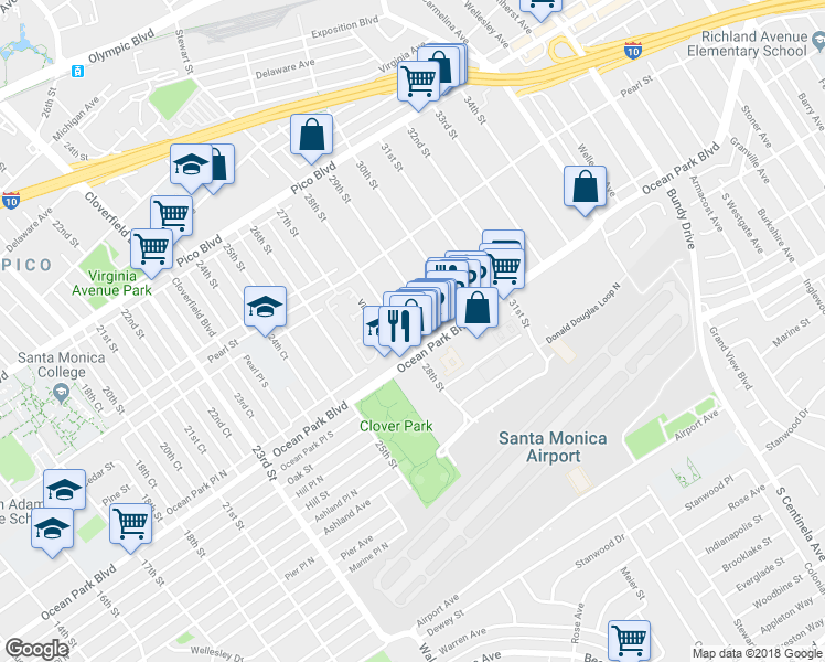 map of restaurants, bars, coffee shops, grocery stores, and more near 2615 28th Street in Santa Monica
