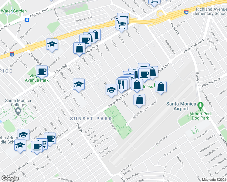 map of restaurants, bars, coffee shops, grocery stores, and more near 2615 28th Street in Santa Monica