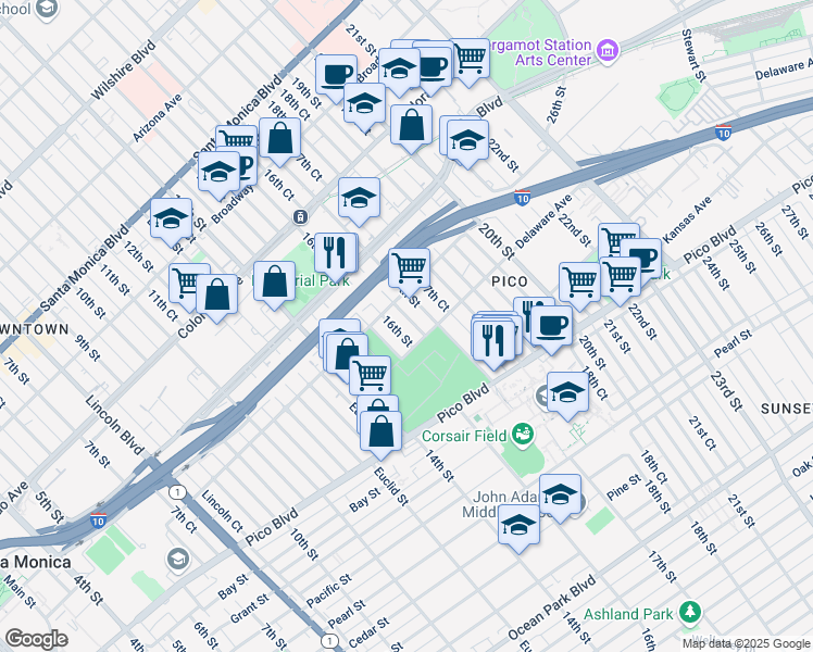 map of restaurants, bars, coffee shops, grocery stores, and more near 1824 17th Street in Santa Monica