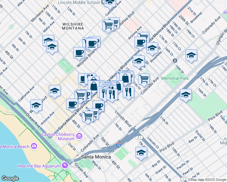 map of restaurants, bars, coffee shops, grocery stores, and more near 1423 9th Street in Santa Monica