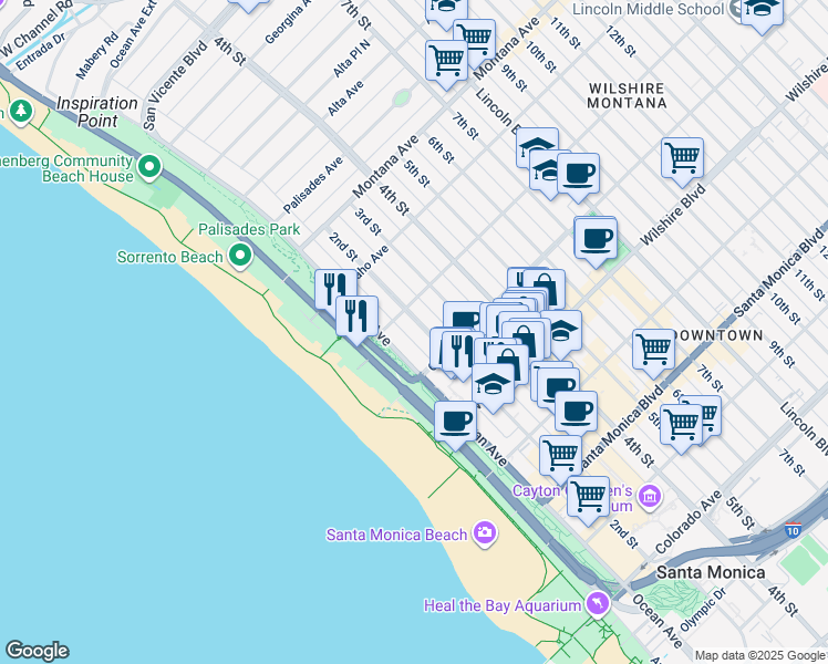 map of restaurants, bars, coffee shops, grocery stores, and more near 1017 2nd Street in Santa Monica