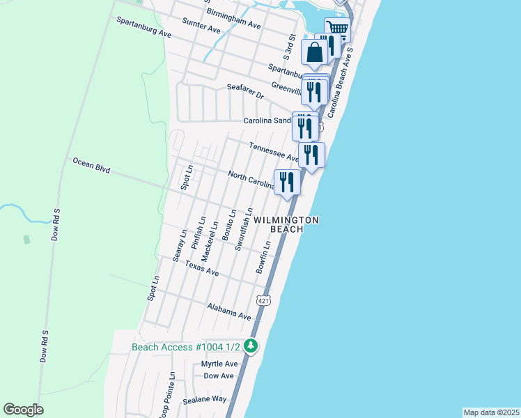 map of restaurants, bars, coffee shops, grocery stores, and more near 1309 Snapper Lane in Carolina Beach