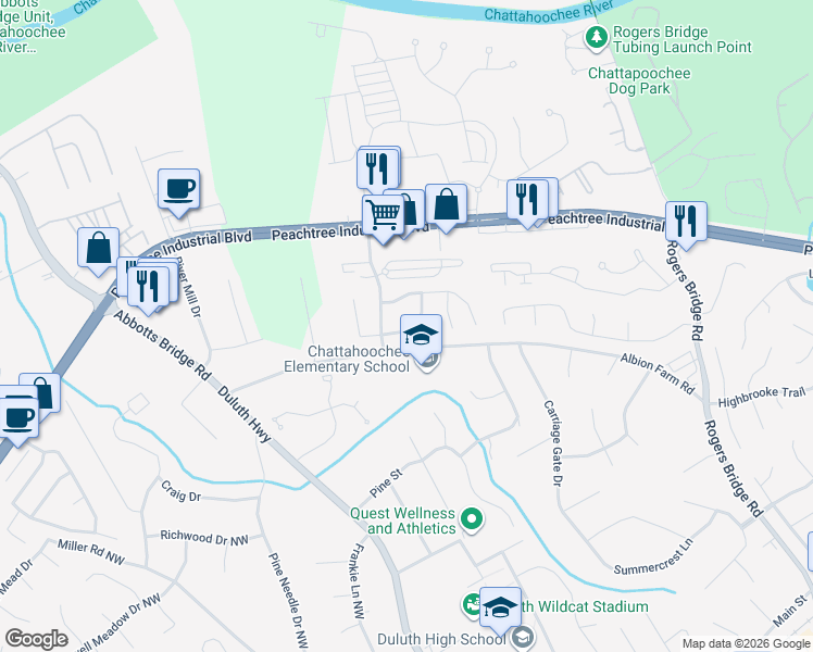 map of restaurants, bars, coffee shops, grocery stores, and more near 2852 Albion Farm Way in Duluth