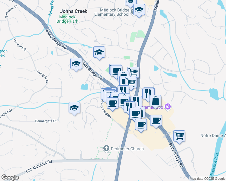 map of restaurants, bars, coffee shops, grocery stores, and more near 5960 State Bridge Road in Alpharetta