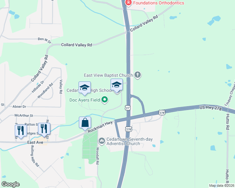 map of restaurants, bars, coffee shops, grocery stores, and more near 167 Frank Lott Drive in Cedartown