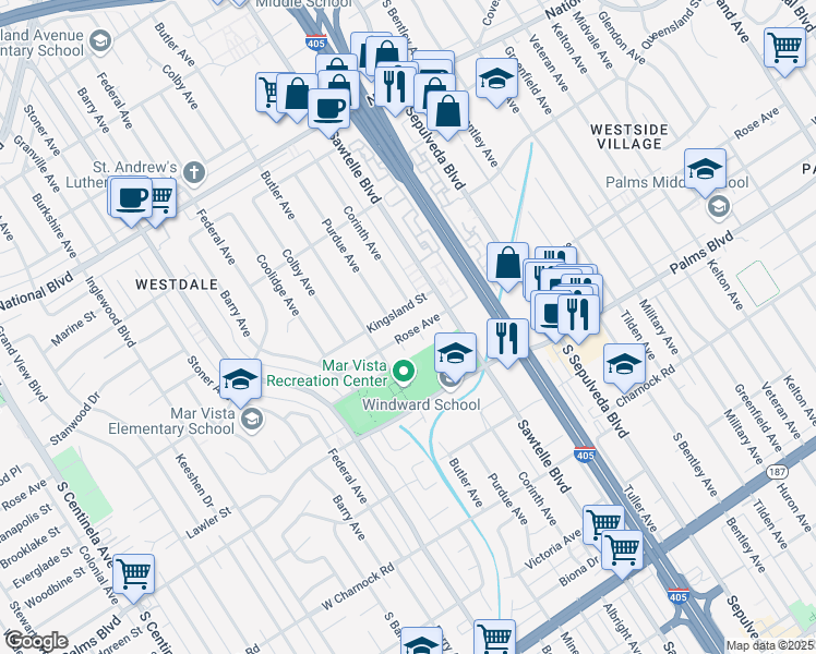 map of restaurants, bars, coffee shops, grocery stores, and more near 11347 Rose Avenue in Los Angeles