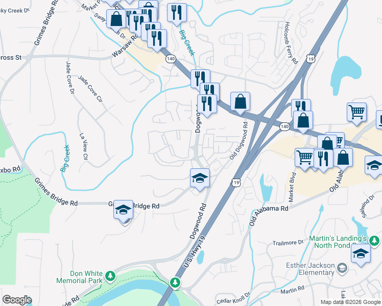 map of restaurants, bars, coffee shops, grocery stores, and more near 100 Hemingway Lane in Roswell