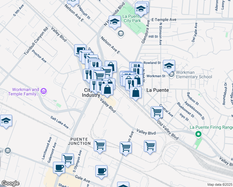 map of restaurants, bars, coffee shops, grocery stores, and more near 150 Russell Street in Industry
