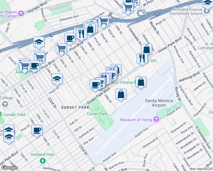 map of restaurants, bars, coffee shops, grocery stores, and more near 2901 Ocean Park Boulevard in Santa Monica