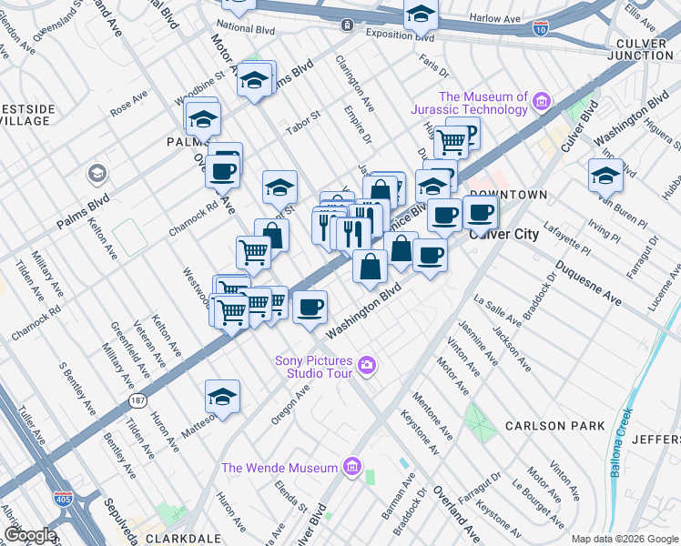 map of restaurants, bars, coffee shops, grocery stores, and more near 3800 Mentone Avenue in Culver City