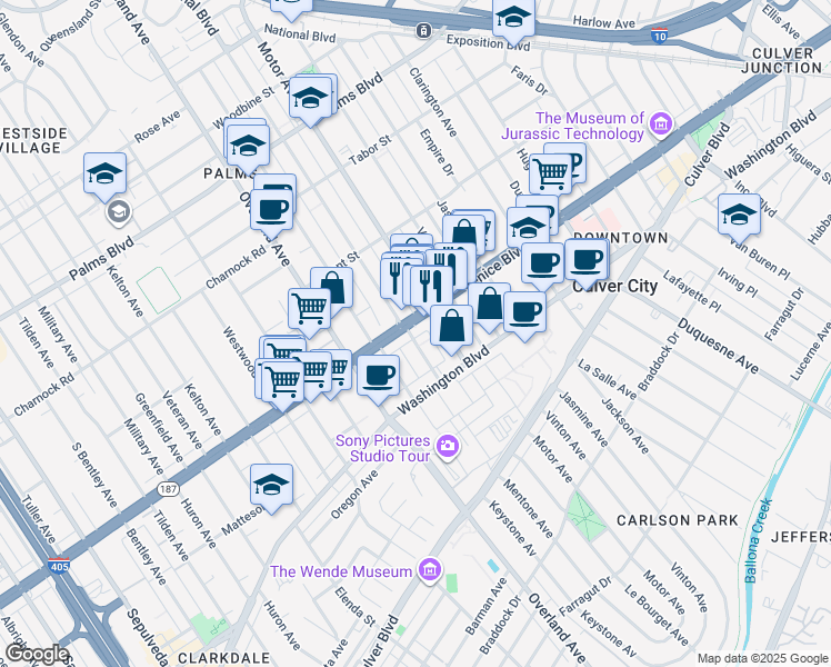 map of restaurants, bars, coffee shops, grocery stores, and more near 3800 Mentone Avenue in Culver City