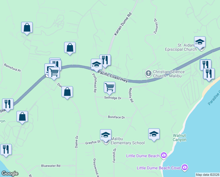 map of restaurants, bars, coffee shops, grocery stores, and more near 28901 Selfridge Drive in Malibu