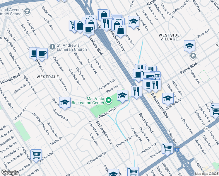 map of restaurants, bars, coffee shops, grocery stores, and more near 11347 Rose Avenue in Los Angeles