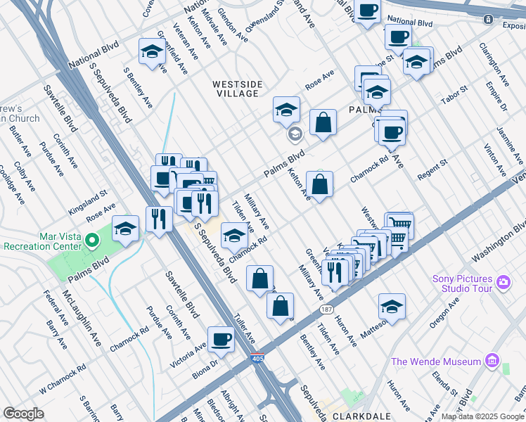 map of restaurants, bars, coffee shops, grocery stores, and more near 3548 Military Avenue in Los Angeles