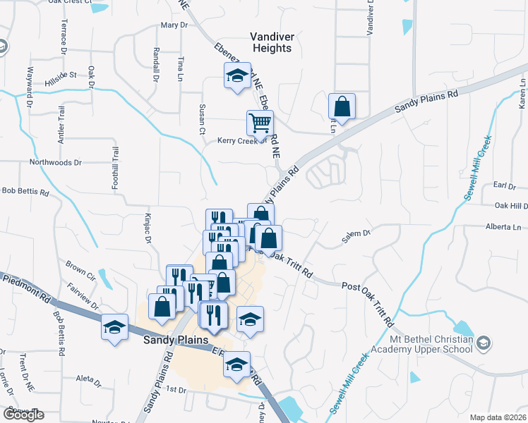 map of restaurants, bars, coffee shops, grocery stores, and more near 2648 Sandy Plains Road in Marietta