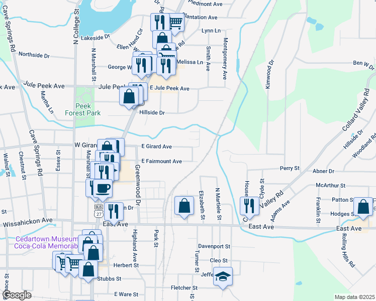 map of restaurants, bars, coffee shops, grocery stores, and more near 254 East Girard Avenue in Cedartown