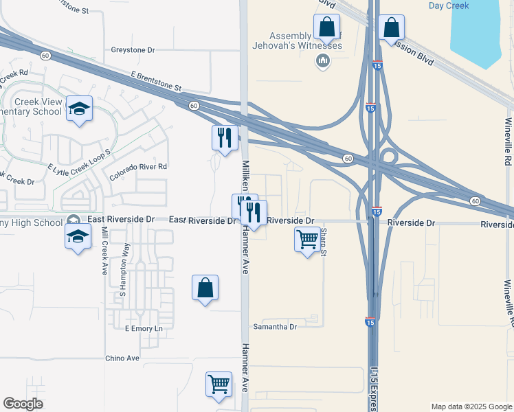 map of restaurants, bars, coffee shops, grocery stores, and more near 3788 Milliken Avenue in Eastvale