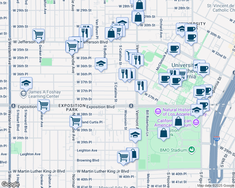 map of restaurants, bars, coffee shops, grocery stores, and more near 1205 West 37th Place in Los Angeles