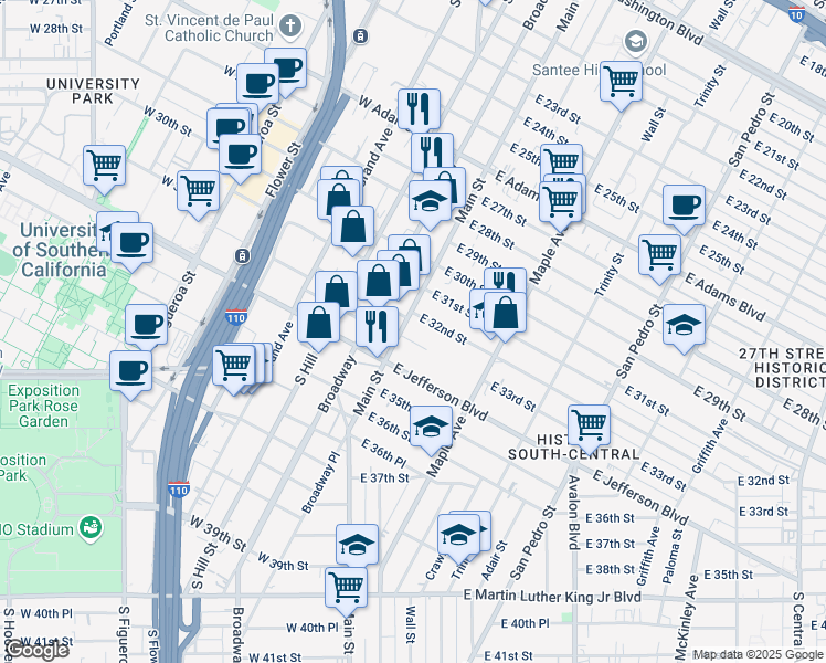 map of restaurants, bars, coffee shops, grocery stores, and more near 3201 South Main Street in Los Angeles